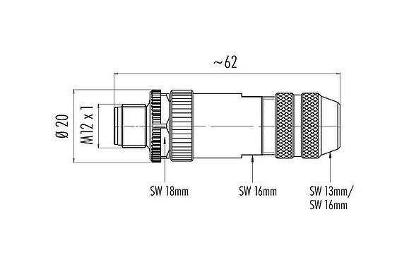 Schaaltekening M12 Kabelstekker, aantal polen: 4, 4,0-6,0 mm, schermbaar, kooiklem, IP67, met afschermring