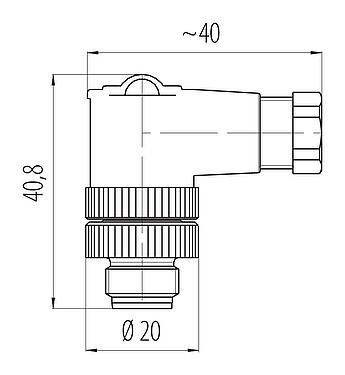 Dessin coté M12 Connecteur mâle coudé, Contacts: 2+PE, 4,0-6,0 mm, non blindé, pince à visser, IP67, UL