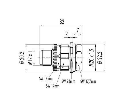 Disegno in scala 99 0433 500 05 - M12 Connettore maschio a flangia, Numero poli: 5, non schermato, morsetto a vite, IP67, UL, M20x1,5, per l'alimentazione elettrica