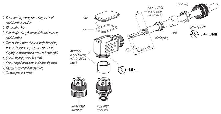 Instructions de montage M12 Connecteur femelle coudé, Contacts: 4, 6,0-8,0 mm, blindable, pince à visser, IP67, UL 2238, avec anneau de protection