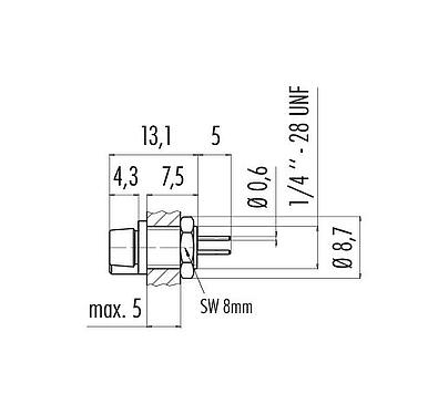 Scale drawing Snap-In Female panel mount connector, Contacts: 5, unshielded, THT, IP40, 1/4" 28 UNF, Front mounting