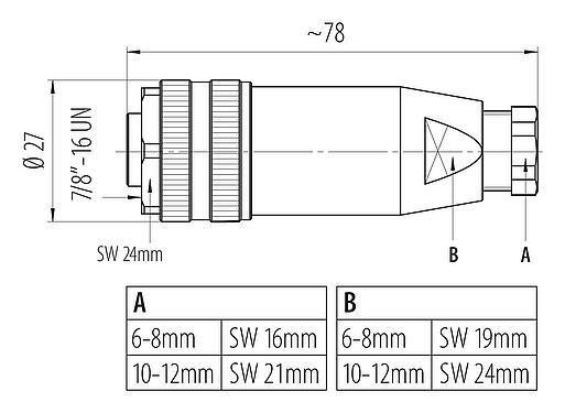 Výkres v měřítku 7/8" Kabelová box, : 4+PE, 6,0-8,0 mm, nestíněný, šroubovací svorka, IP67, UL 2238, VDE