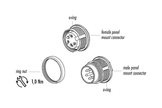 Component part drawing 09 0128 99 07 - M16 Female panel mount connector, Contacts: 7 (07-a), unshielded, THT, IP67, UL, front fastened