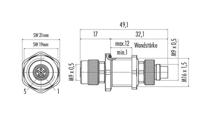 Maßzeichnung M9 Schaltschrankdurchführung, Polzahl: 5, schirmbar, steckbar, IP67, Rückwandmontage