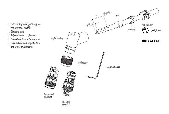 инструкция по сборке M8 Угловой штекер, Количество полюсов: 4, 3,5-5,0 мм, не экранированный, винтовая клемма, IP67, UL 2238