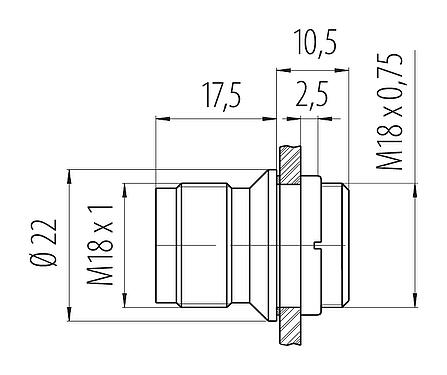 Maßzeichnung M18 Flanschstecker, Polzahl: 4, ungeschirmt, löten, IP67, M18x0,75, Frontmontage