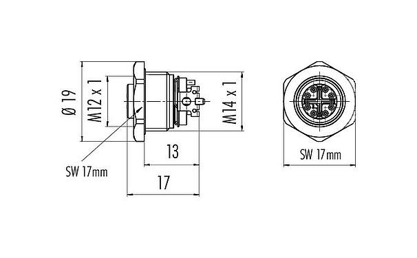 Dibujo a escala M12 Toma de brida, Número de contactos: 8, blindable, SMT, IP68, M14x1,0, Montaje en pared