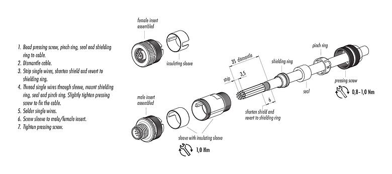 Montagehandleiding M12 Kabeldoos, aantal polen: 12, 6,0-8,0 mm, schermbaar, soldeer, IP67, UL 2238, met afschermring