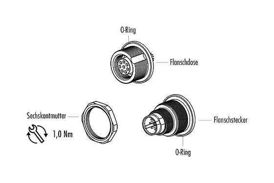 Einzelteildarstellung M9 Flanschdose, Polzahl: 3, ungeschirmt, löten, IP67, M12x0,5, Rückwandmontage