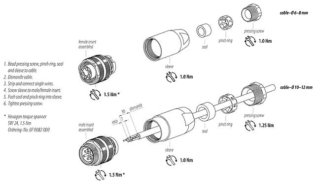 Montážní návod 7/8" Zástrčka kabelu, : 3+PE, 10,0-12,0 mm, nestíněný, šroubovací svorka, IP67, UL 2238, VDE