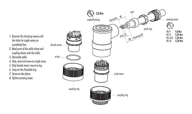 Instrucción de montaje RD30 Conector hembra en ángulo, Número de contactos: 4+PE, 12,0-14,0 mm, sin blindaje, tornillo extraíble, IP65, ESTI+, VDE