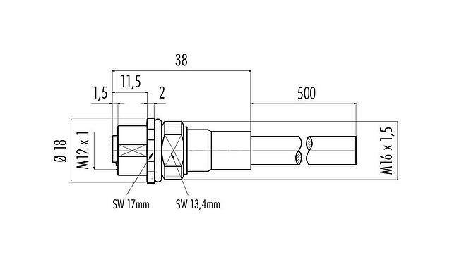 Scale drawing 70 3442 785 05 - M12 Female panel mount connector, Contacts: 5, 5.3 mm, shielded, with cable assembled, IP68, M16x1.5, PUR, 5 x 0.25 mm², 0.5 m