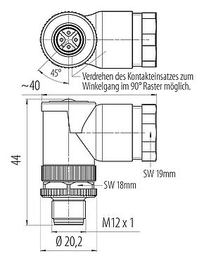 Maßzeichnung M12 Winkelstecker, Polzahl: 4, 2.1-3.0 mm (2 Kabel) oder 4-5 mm (2 Kabel), ungeschirmt, schraubklemm, IP67, UL 2238