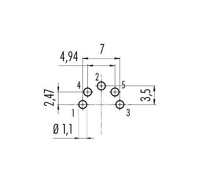 導体レイアウト 09 0120 99 05 - M16 メスパネルマウントコネクタ, 極数: 5 (05-b), 非シールド, THT, IP67, 前面取り付け