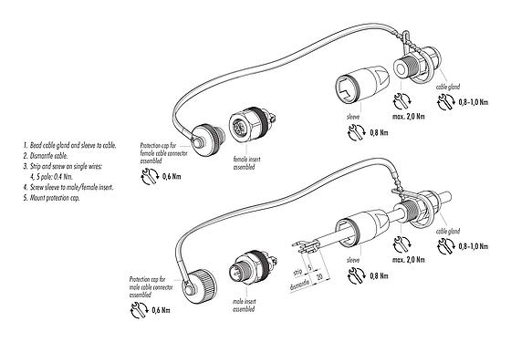 Instructions de montage M12 Connecteur mâle, Contacts: 5, 4,0-6,5 mm, non blindé, pince à visser, IP68/IP69K, pour les applications extérieures, résistant aux UV