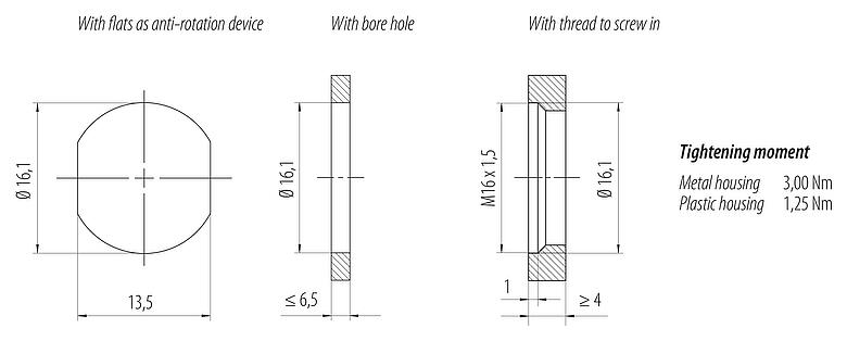Muestra de montaje M12 Toma de brida, Número de contactos: 4+FE, sin blindaje, THR, IP67, UL 2238, M16x1,5, Montaje frontal