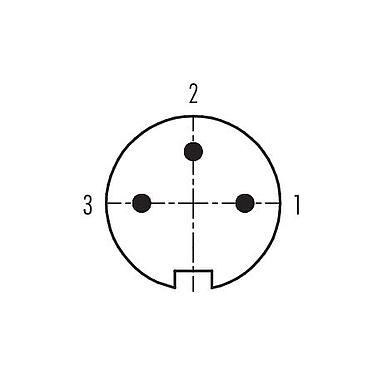 Disposition des contacts (Côté plug-in) 99 0105 77 03 - M16 Connecteur mâle coudé, Contacts: 3 (03-a), 6,0-8,0 mm, non blindé, souder, IP67