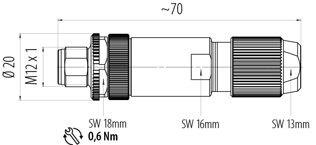 Maßzeichnung M12 Kabelstecker, Polzahl: 4, 5,0-8,0 mm, schirmbar, crimpen (Crimpkontakte müssen separat bestellt werden), IP67, UL 2238