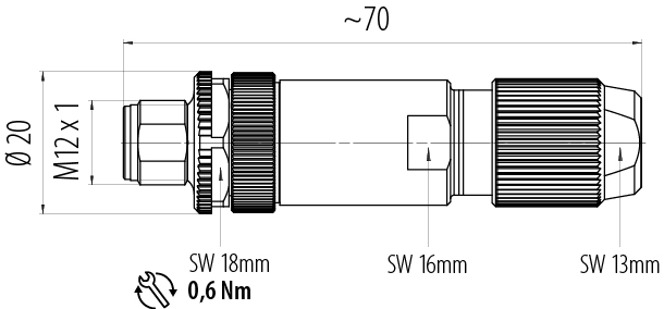 Dibujo a escala M12 Conector de cable macho, Número de contactos: 4, 5,0-8,0 mm, blindable, crimpado (los contactos de crimpado deben pedirse por separado), IP67, UL 2238