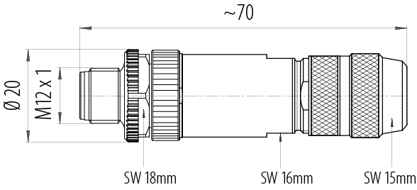 Maßzeichnung M12 Kabelstecker, Polzahl: 4, 8,0-9,0 mm, schirmbar, schraubklemm, IP67, UL 2238, Irisfeder