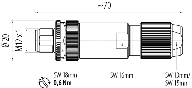 Dibujo a escala M12 Conector de cable macho, Número de contactos: 4, 5,0-8,0 mm, blindable, tornillo extraíble, IP67, UL 2238, Pluma de iris