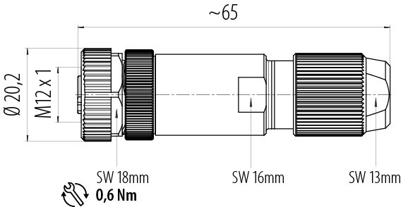 Méretarányos rajz M12 kábel aljzat, : 4, 5,0-8,0 mm, árnyékolható, csavaros bilincs, IP67, UL 2238, íriszrugó