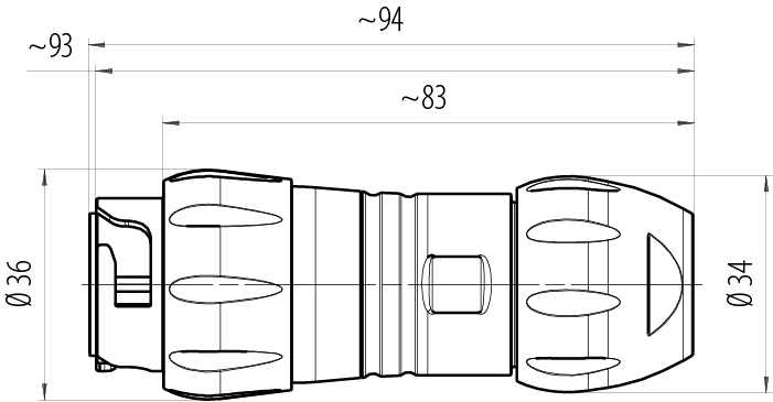 Scale drawing Bayonet Male cable connector, Contacts: 4+PE, unshielded, screw clamp, IP67, UL 2238 (in preparation), UV resistant