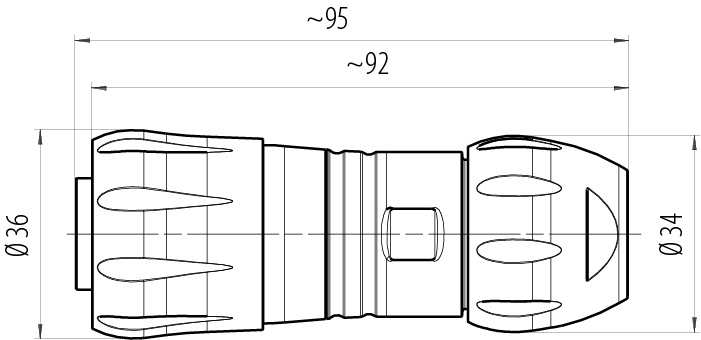 Scale drawing Bayonet Female cable connector, Contacts: 4+PE, unshielded, screw clamp, IP67, UL 2238 (in preparation), UV resistant